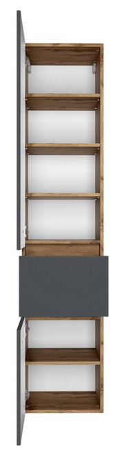 Hochschrank mit geöffneter Tür und Schublade, Ansicht von vorne, mit mehreren Regalböden aus Holz und grauer Front.