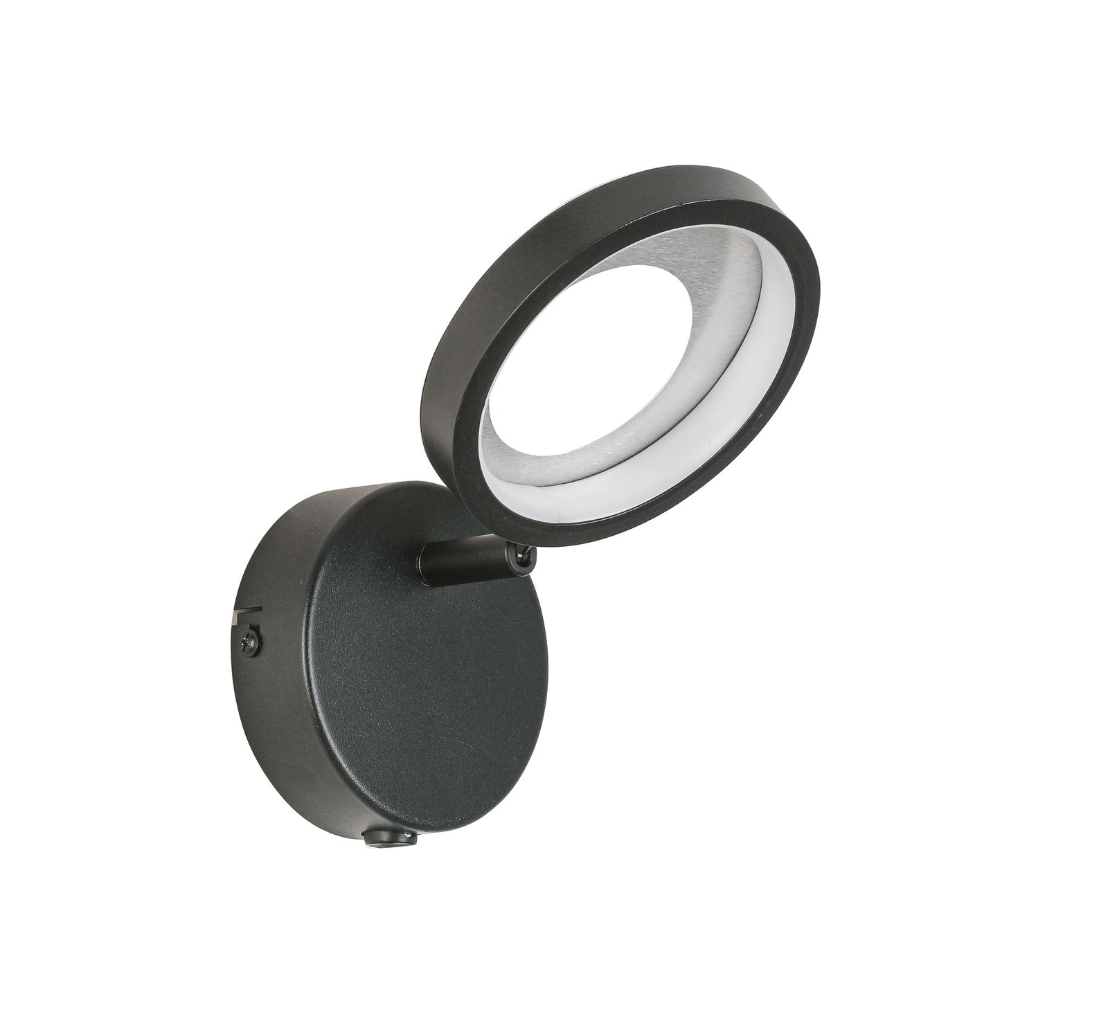 Schwarzer LED-Strahler mit rundem, verstellbarem Leuchtkopf, seitliche Perspektive