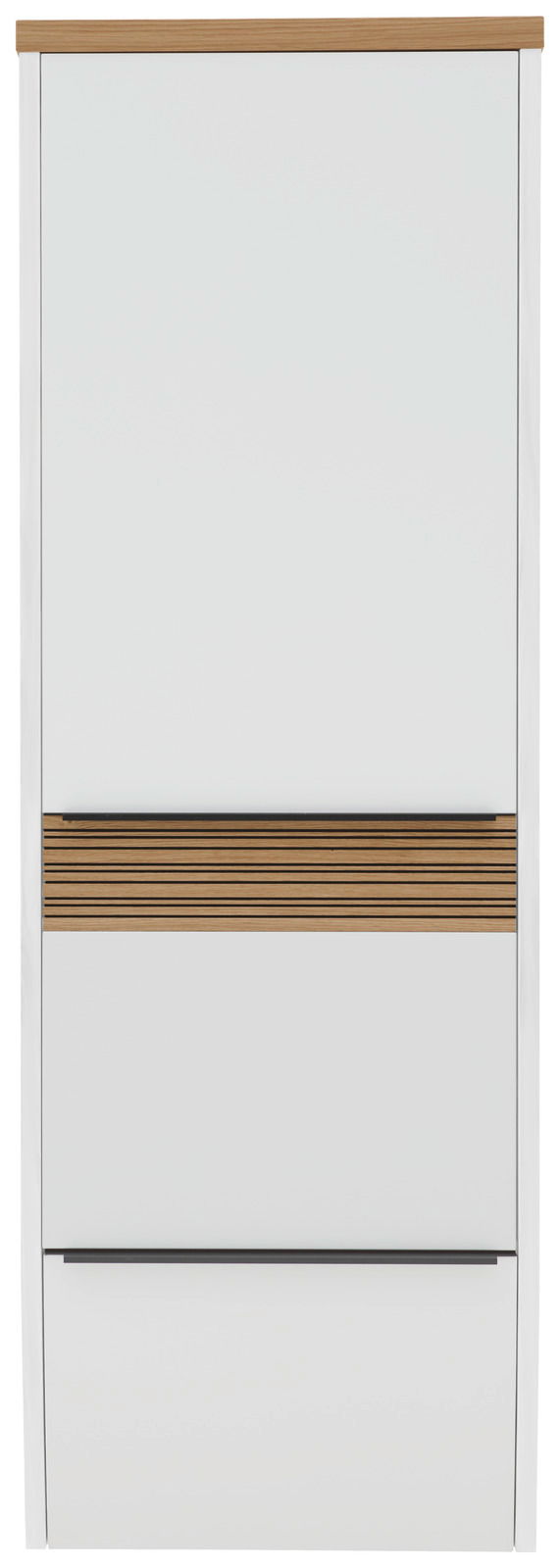 Frontansicht eines modernen Hängegarderobenschranks mit weißer Oberfläche und Holzdetails.