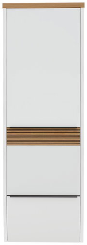 Frontansicht eines modernen Hängegarderobenschranks mit weißer Oberfläche und Holzdetails.