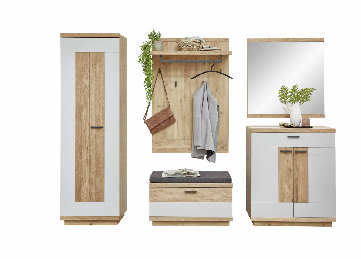 Novel Garderoben-Set RICONA Garderoben-Set in Holzoptik mit weißem Akzent, bestehend aus einem hohen Schrank, einer Wandgarderobe mit Haken und Ablage, einer Sitzbank mit Stauraum und einem Spiegel. Frontalansicht.
