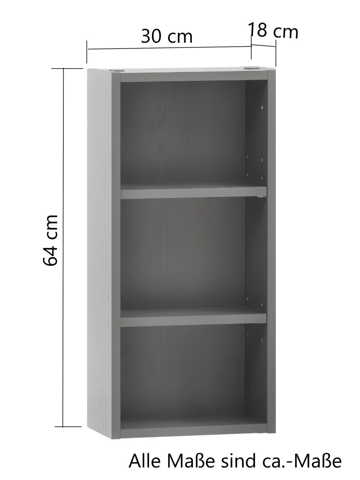 Graues Hängeregal mit drei Fächern, Maße 64 cm hoch, 30 cm breit und 18 cm tief, seitliche Perspektive.