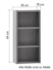 Graues Hängeregal mit drei Fächern, Maße 64 cm hoch, 30 cm breit und 18 cm tief, seitliche Perspektive.