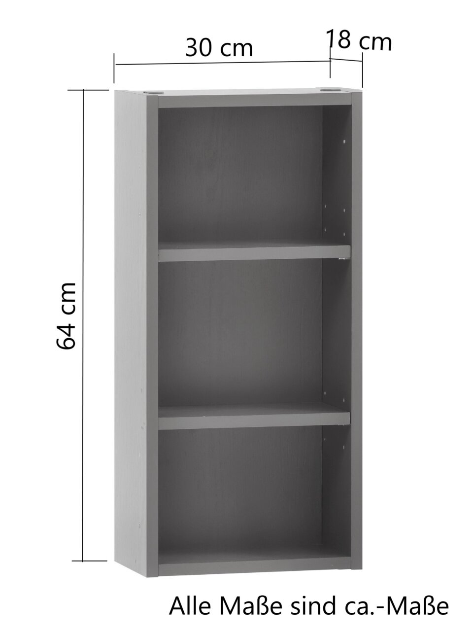Graues Hängeregal mit drei Fächern, Maße 64 cm hoch, 30 cm breit und 18 cm tief, seitliche Perspektive.