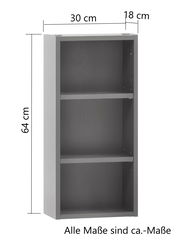 Graues Hängeregal mit drei Fächern, Maße 64 cm hoch, 30 cm breit und 18 cm tief, seitliche Perspektive.