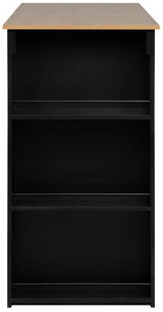 Bartisch mit schwarzem Korpus und Holzplatte, frontal betrachtet