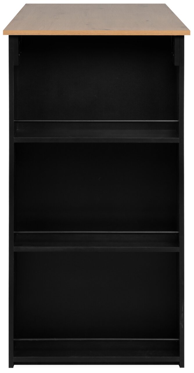 Bartisch mit schwarzem Korpus und Holzplatte, frontal betrachtet