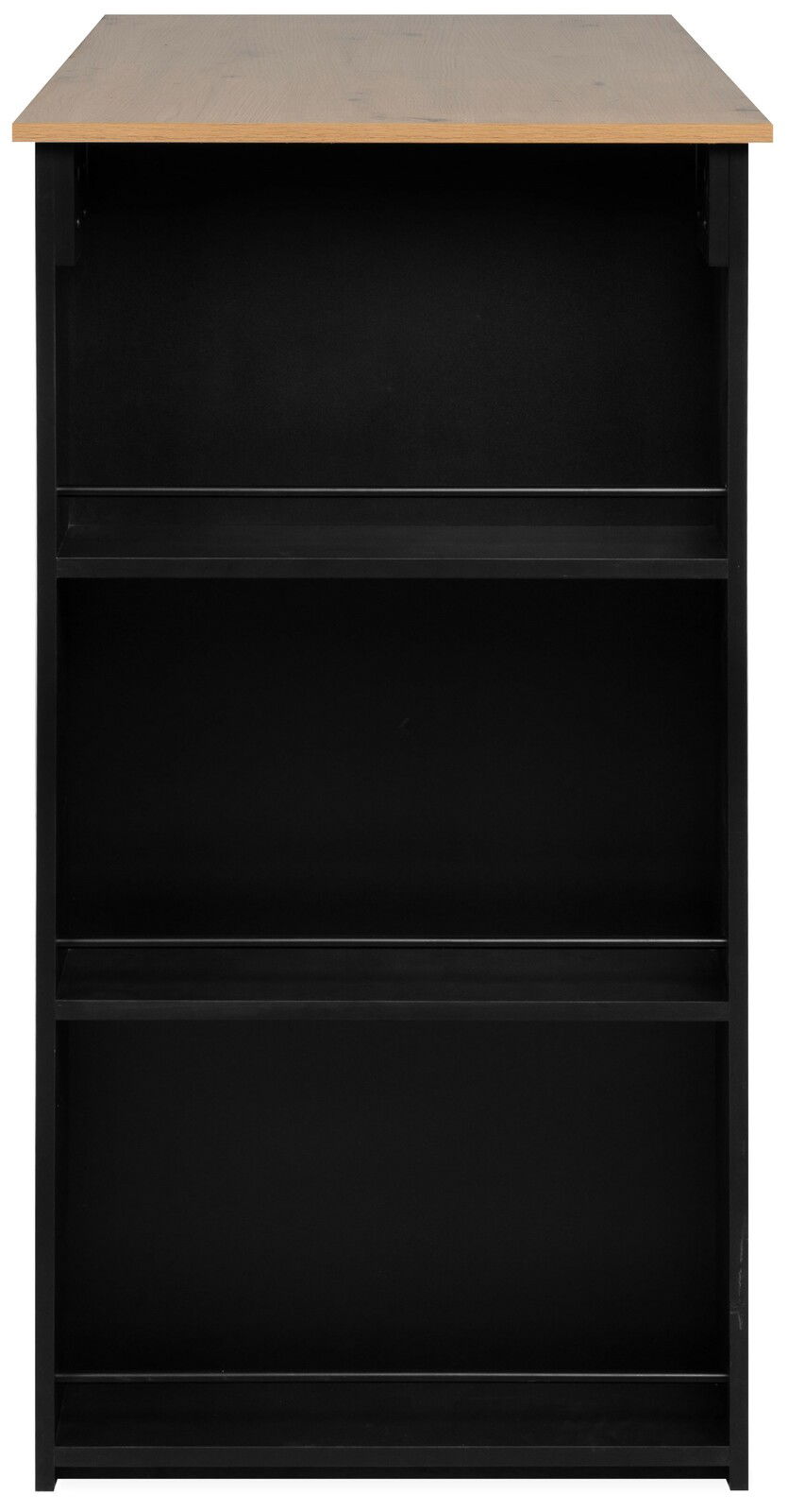 Bartisch mit schwarzem Korpus und Holzplatte, frontal betrachtet