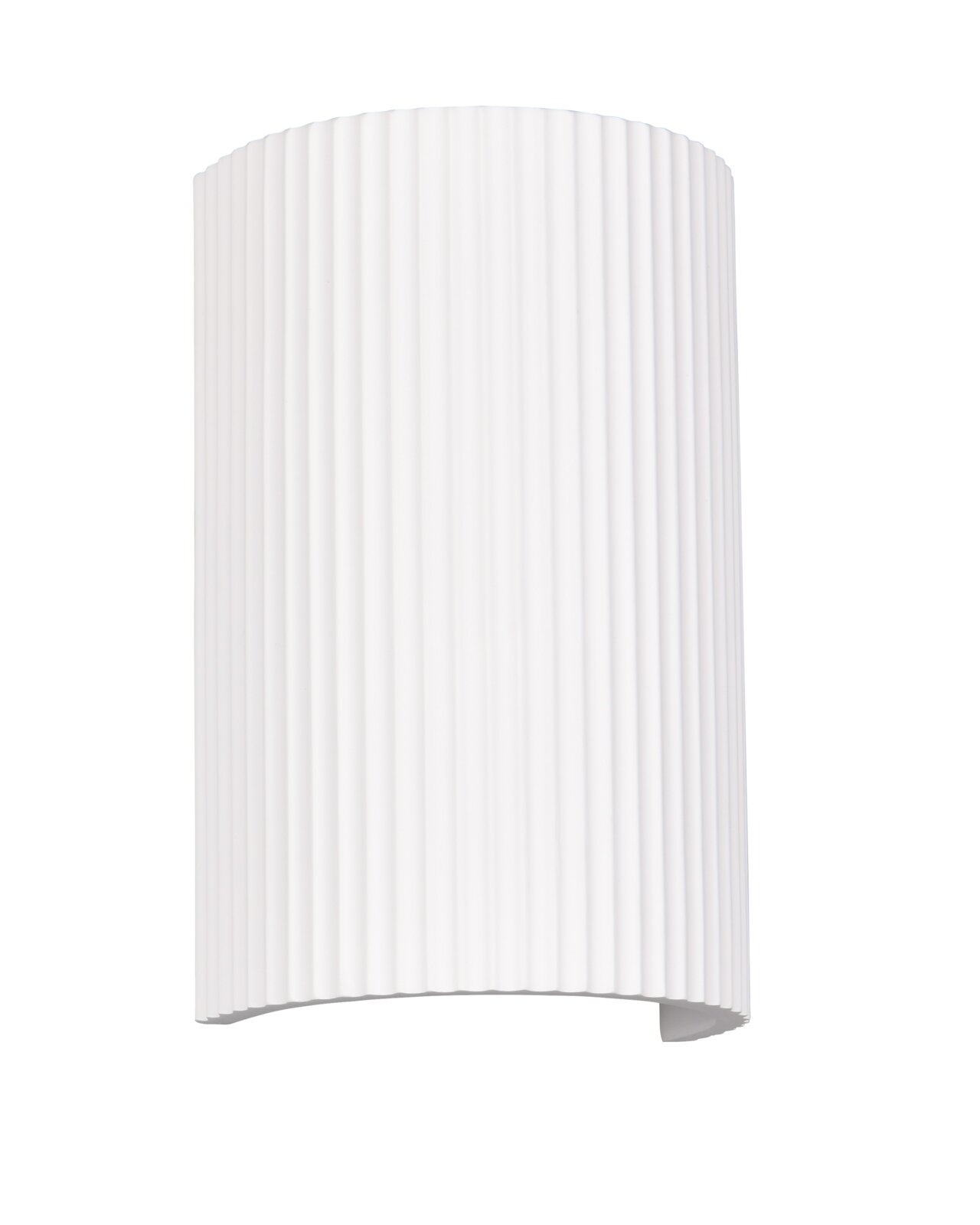 Trio Leuchten Wandleuchte RAPOSA GIPS Weiße, geriffelte Wandleuchte/Wandlampe mit halbrundem Schirm, freigestellt vor weißem Hintergrund, frontal in leichter Seitenansicht von vorn aufgenommen