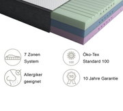 Querschnitt einer Matratze mit 7-Zonen-System, geeignet für Allergiker, zertifiziert nach Öko-Tex Standard 100, mit 10 Jahren Garantie. Seitliche Perspektive.