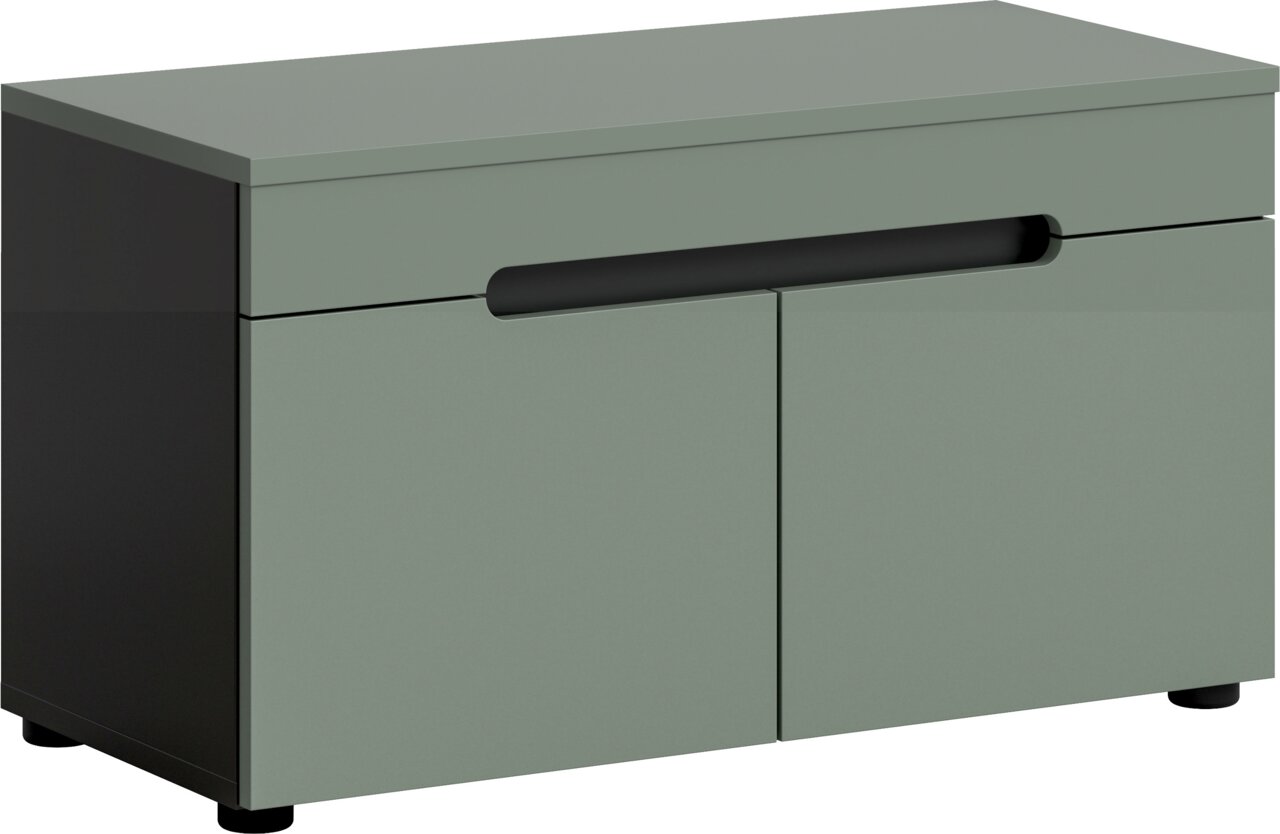 Modernes Sideboard/Unterschrank in Salbeigrün mit schwarzer Seitenwand, zwei Türen und integrierter Griffmulde, freigestellt auf weißem Hintergrund, Ansicht schräg von vorne links.