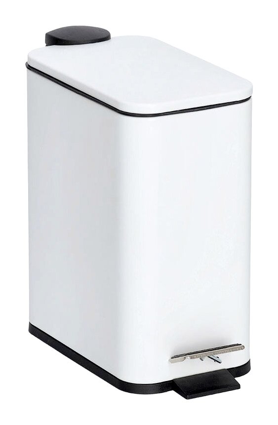 Weißer Treteimer mit 5 Litern Fassungsvermögen und Soft-Close-Funktion, seitliche Perspektive