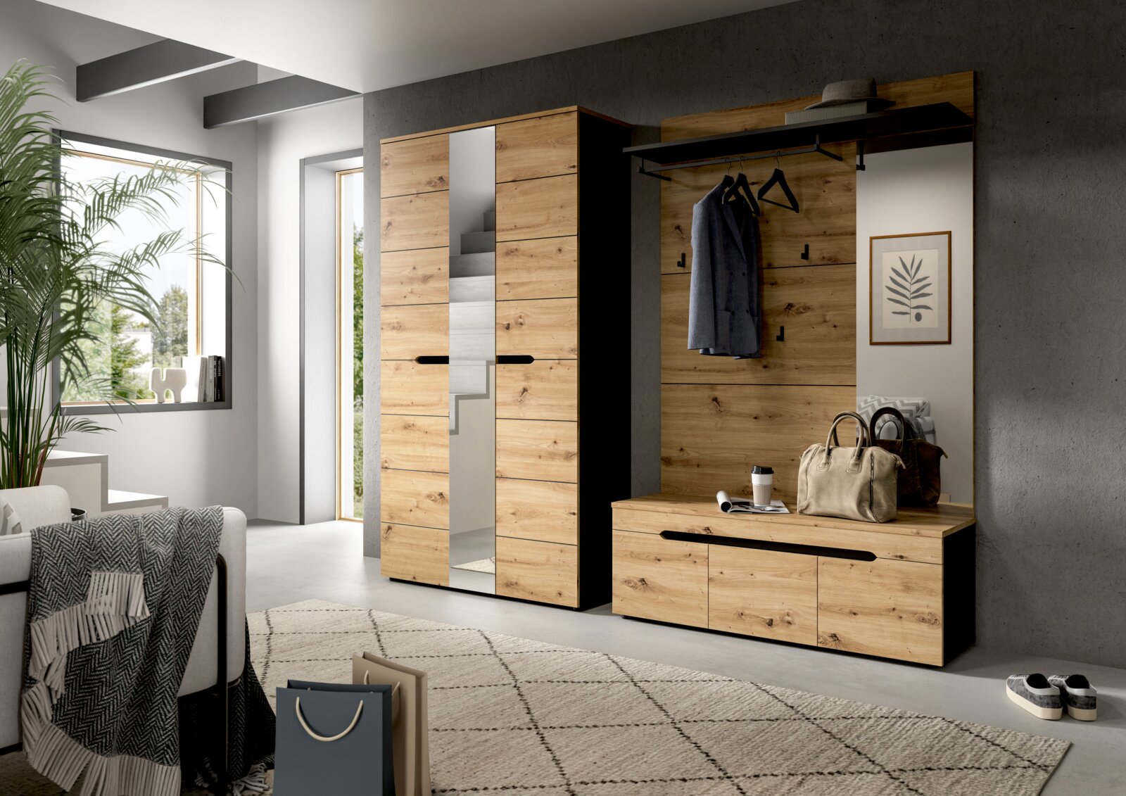 MID.YOU Garderobenpaneel CANU Moderne Garderobenmöbel im Flur: Holzoptik mit schwarzen Akzenten, Kleiderschrank mit Spiegeltür und Garderobenpaneel mit Haken, Ablage und Sitzbank, frontal aus leicht schräger Perspektive