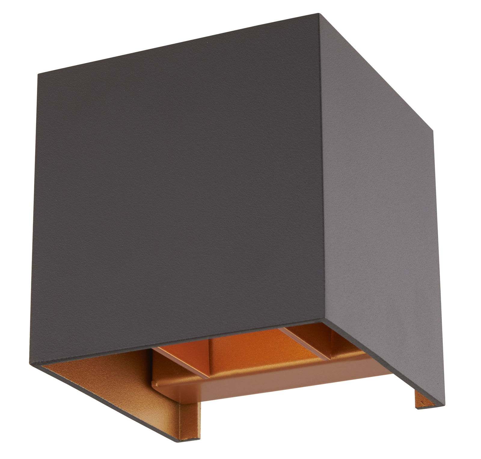 Moderne, kubische Wandleuchte in Schwarz mit goldener Innenseite, seitliche Perspektive