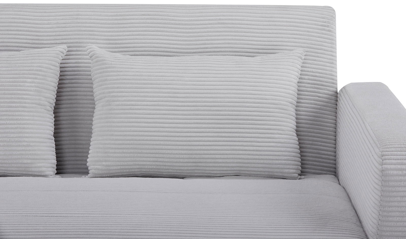 Nahaufnahme eines grauen Funktionssofas mit geripptem Stoffbezug, zwei Kissen und Armlehne von vorne.