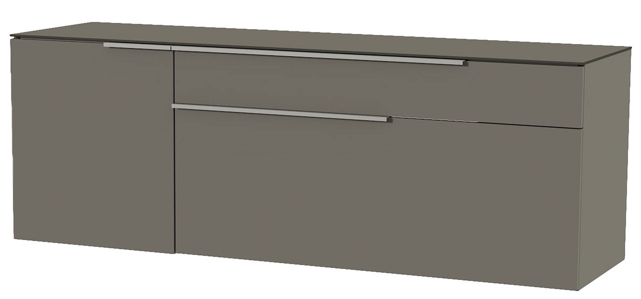 Modernes Hänge-Lowboard in grauer Farbe, seitliche Perspektive