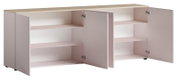 XL-Sideboard mit offenen Türen, zeigt Innenregale und helle Holzoberfläche, Perspektive von vorne.
