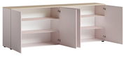 XL-Sideboard mit offenen Türen, zeigt Innenregale und helle Holzoberfläche, Perspektive von vorne.