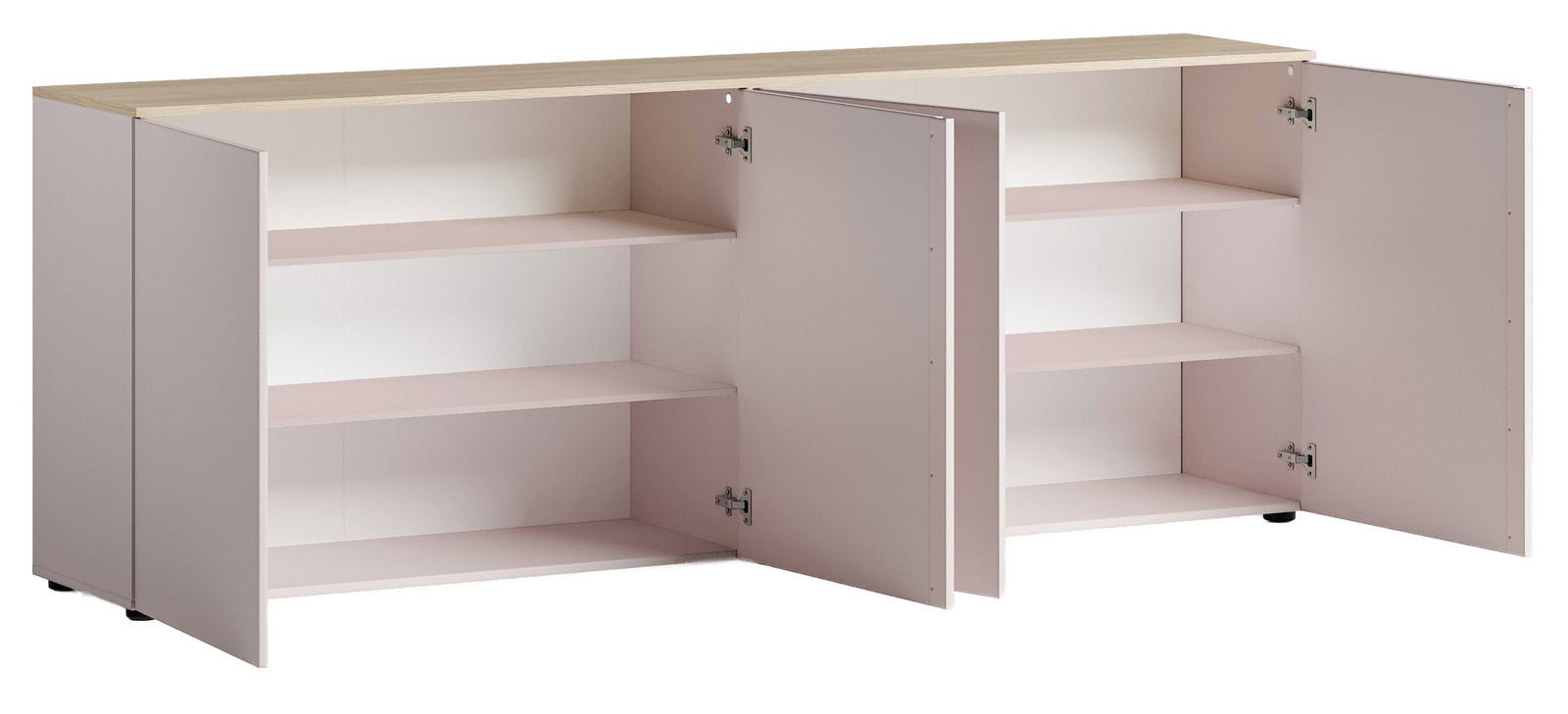 XL-Sideboard mit offenen Türen, zeigt Innenregale und helle Holzoberfläche, Perspektive von vorne.