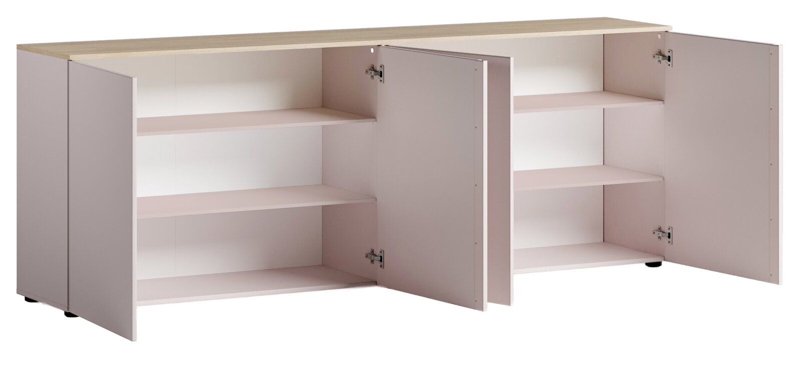 XL-dressoir met open deuren, met zicht op de planken binnenin en een lichtgekleurd houten oppervlak, gezien van voren.