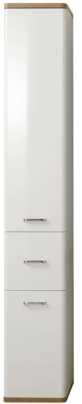 Hochschrank in weiß mit drei Schubladen und Holzdetails, Frontalansicht