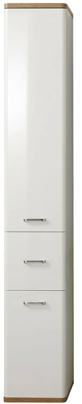 Hochschrank in weiß mit drei Schubladen und Holzdetails, Frontalansicht