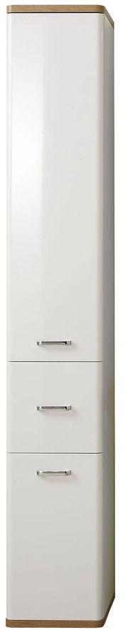 Hochschrank in weiß mit drei Schubladen und Holzdetails, Frontalansicht