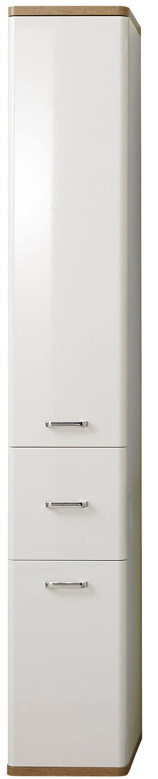 XORA Hochschrank NALA Hochschrank in weiß mit drei Schubladen und Holzdetails, Frontalansicht