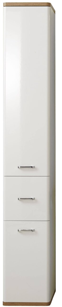 XORA Hochschrank NALA Hochschrank in weiß mit drei Schubladen und Holzdetails, Frontalansicht