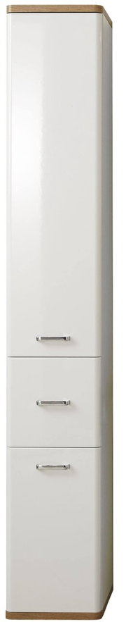 Hochschrank in weiß mit drei Schubladen und Holzdetails, Frontalansicht