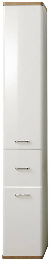 Hochschrank in weiß mit drei Schubladen und Holzdetails, Frontalansicht