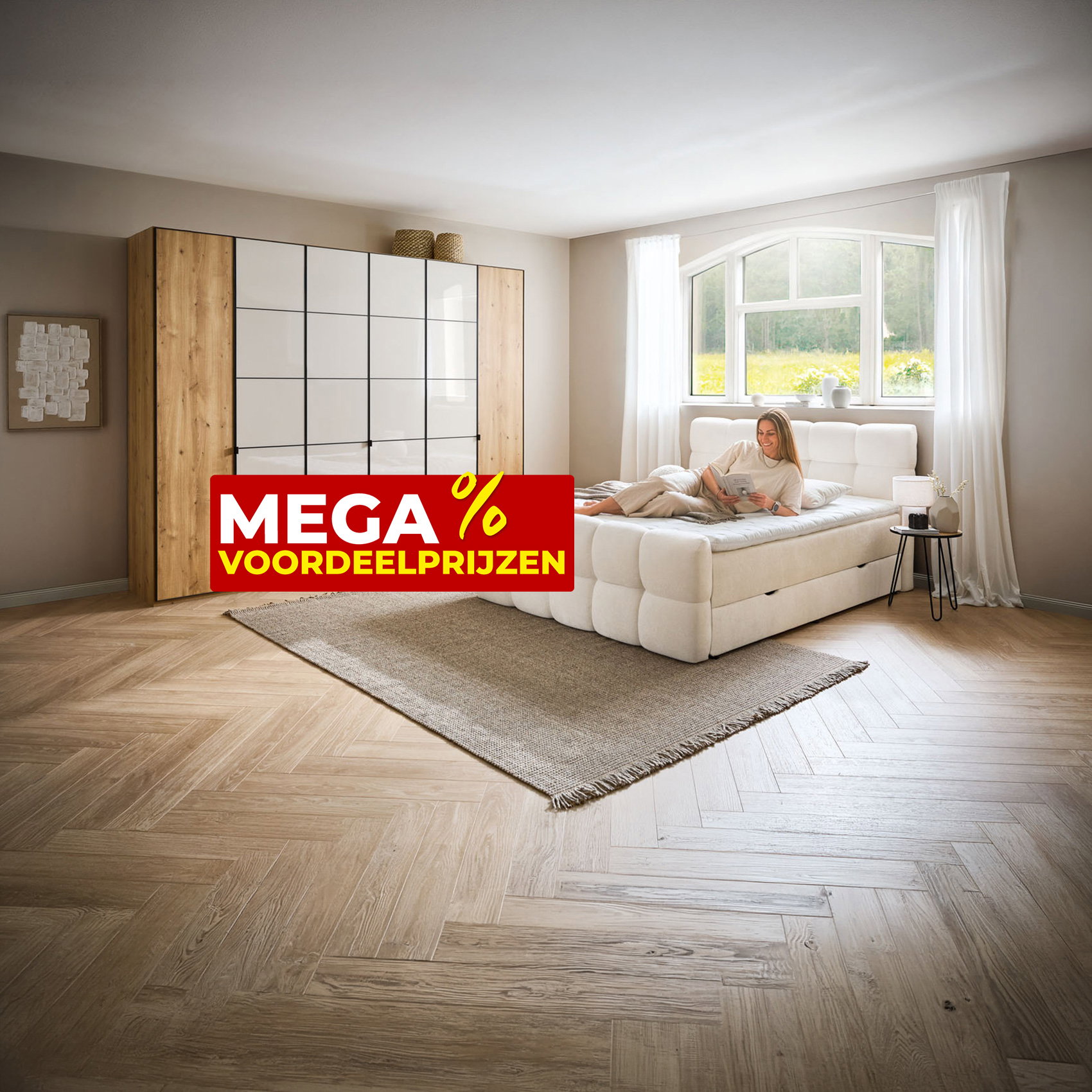 Vrouw ontspant op gestoffeerd bed in lichte slaapkamer met kledingkast en mega spaarprijzen-actie.