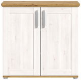 Frontansicht einer weißen Kommode mit zwei Türen und Holzoberfläche