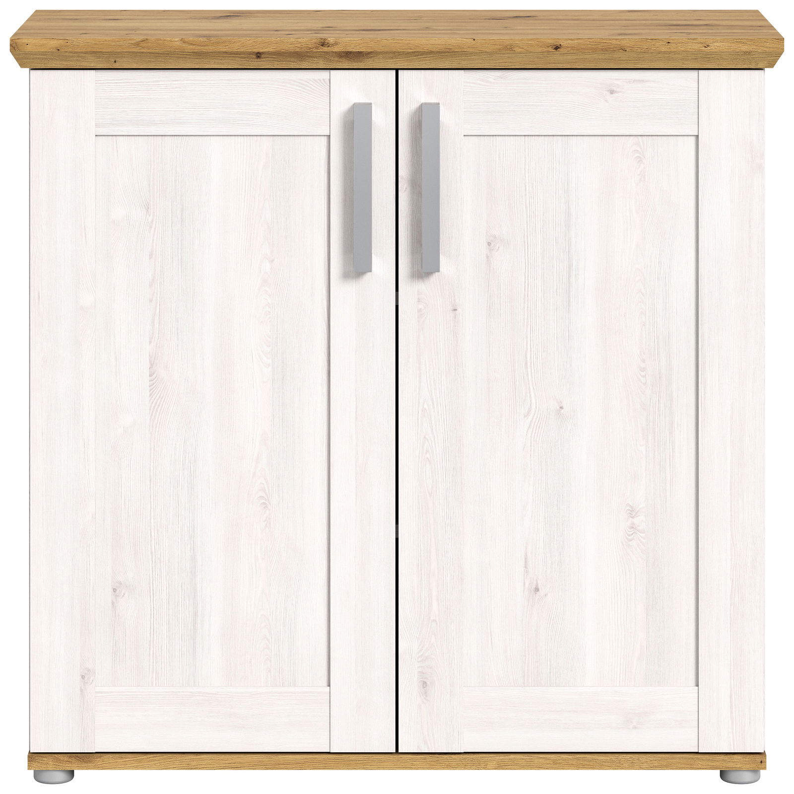 Frontansicht einer weißen Kommode mit zwei Türen und Holzoberfläche