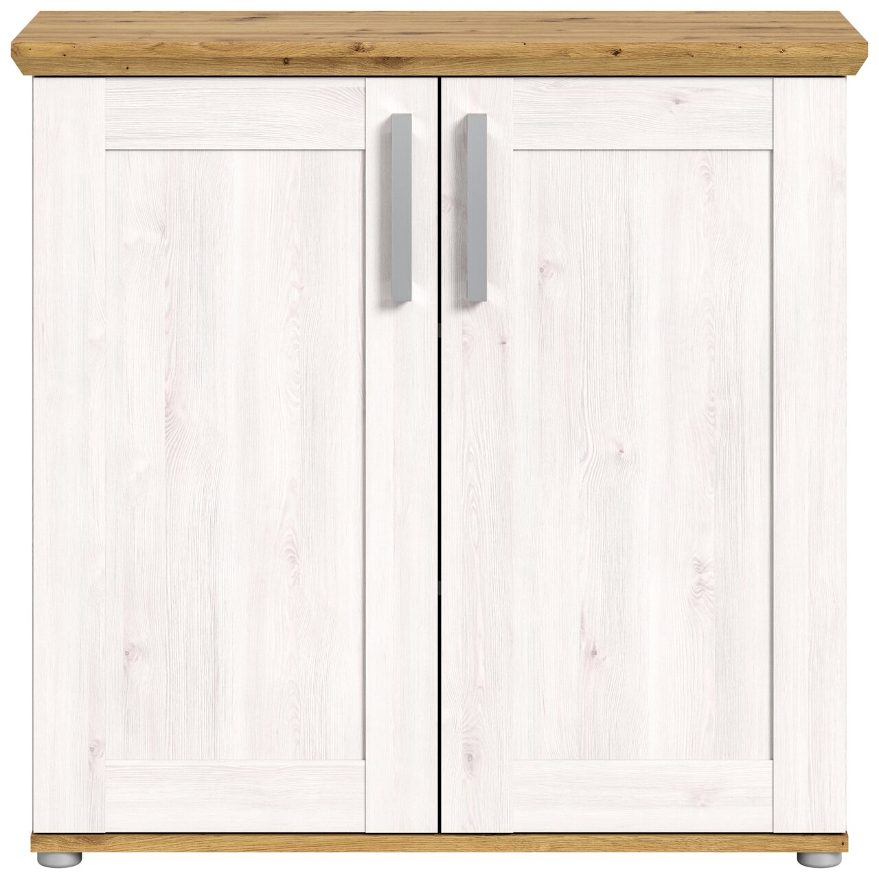 Frontansicht einer weißen Kommode mit zwei Türen und Holzoberfläche