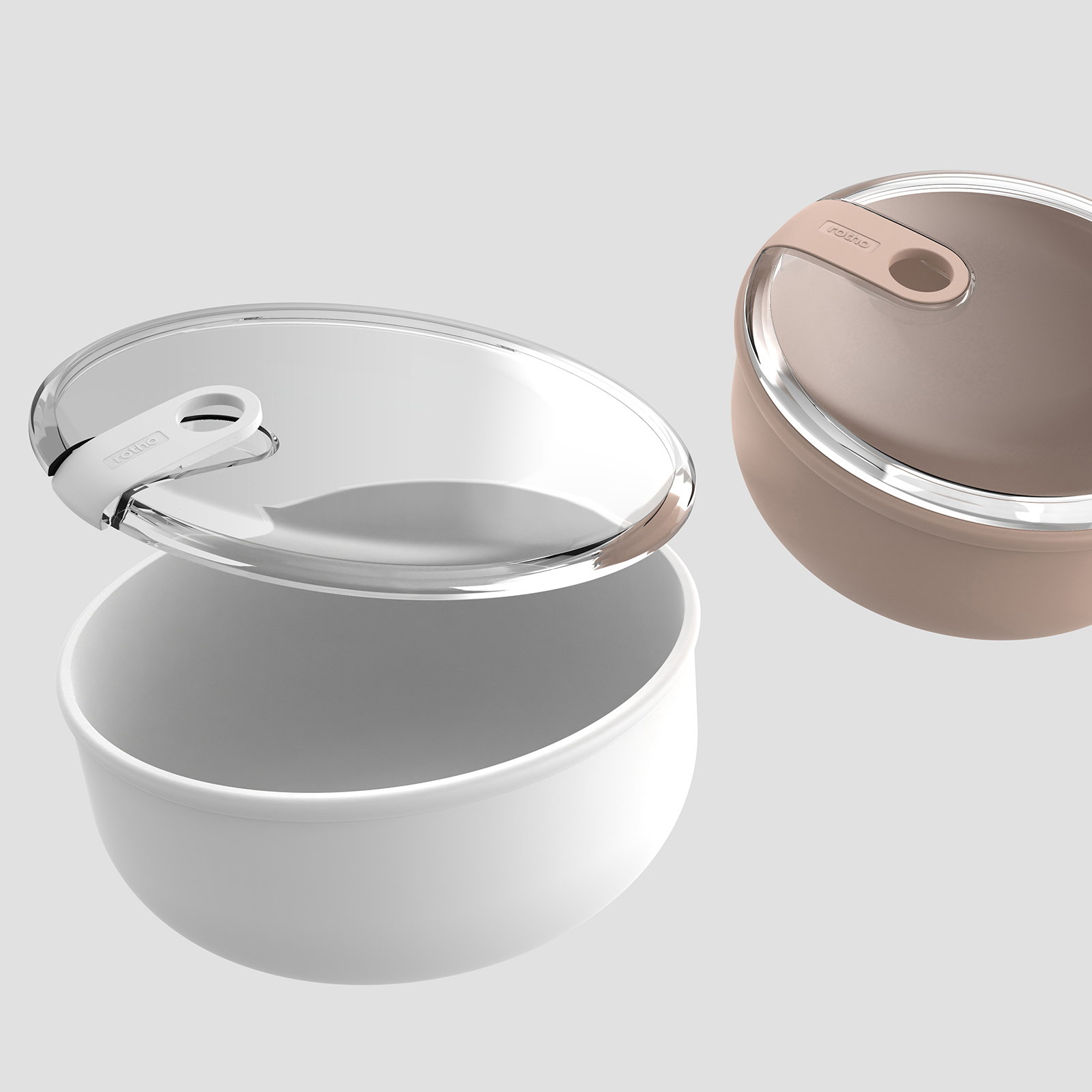 Zwei Frischhaltedosen in verschiedenen Farben, eine in Weiß und eine in Beige, mit transparenten Deckeln, aus einer leicht seitlichen Perspektive fotografiert.