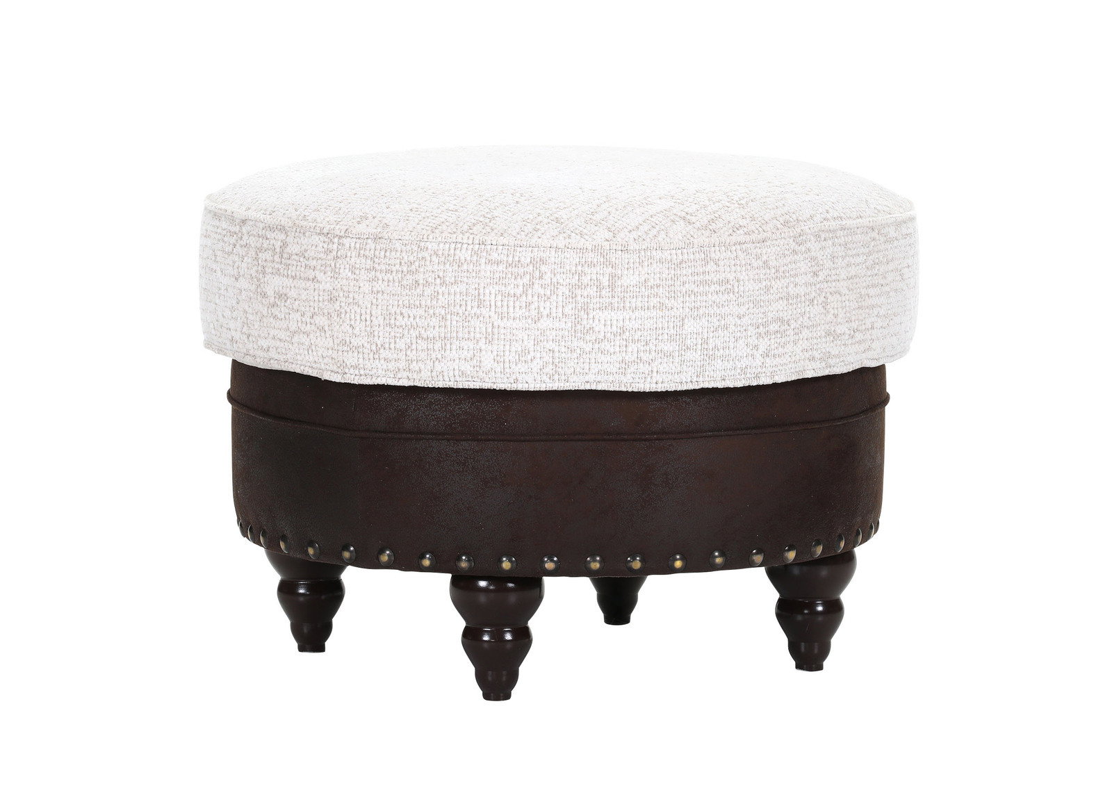 Runder Hocker mit hellem Stoffbezug und dunklem Holzuntergestell, seitliche Perspektive