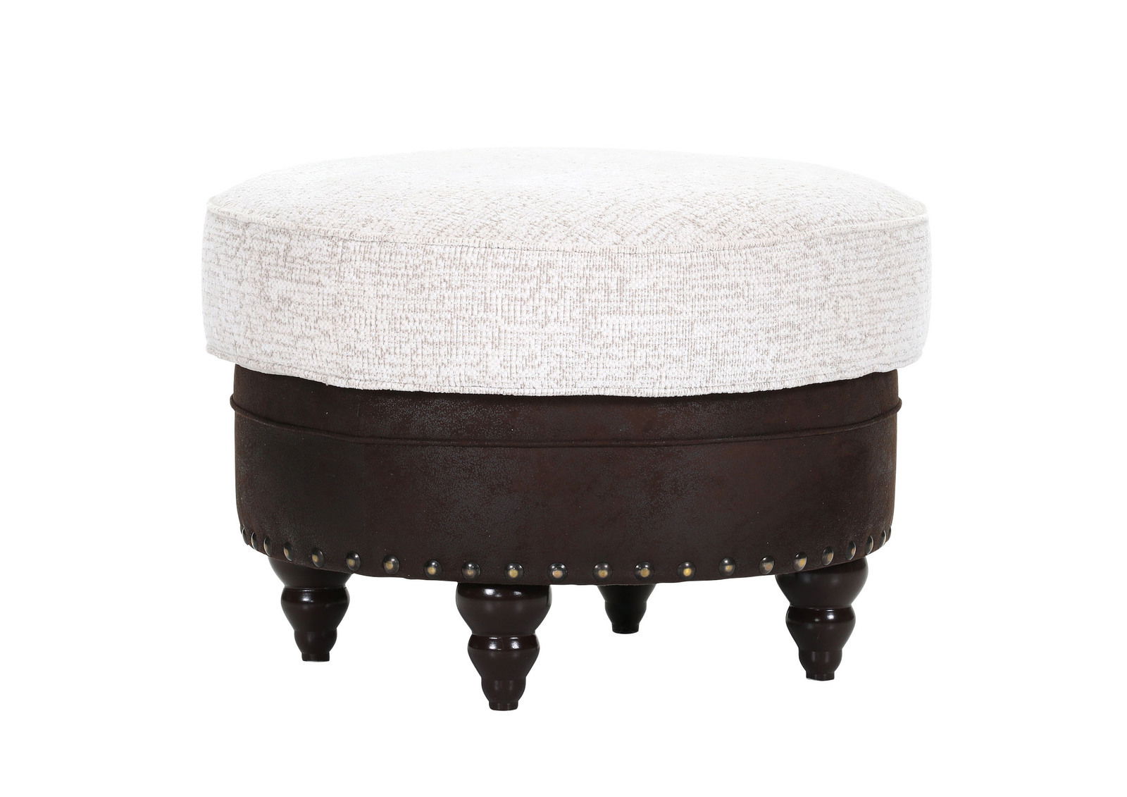 Runder Hocker mit hellem Stoffbezug und dunklem Holzuntergestell, seitliche Perspektive