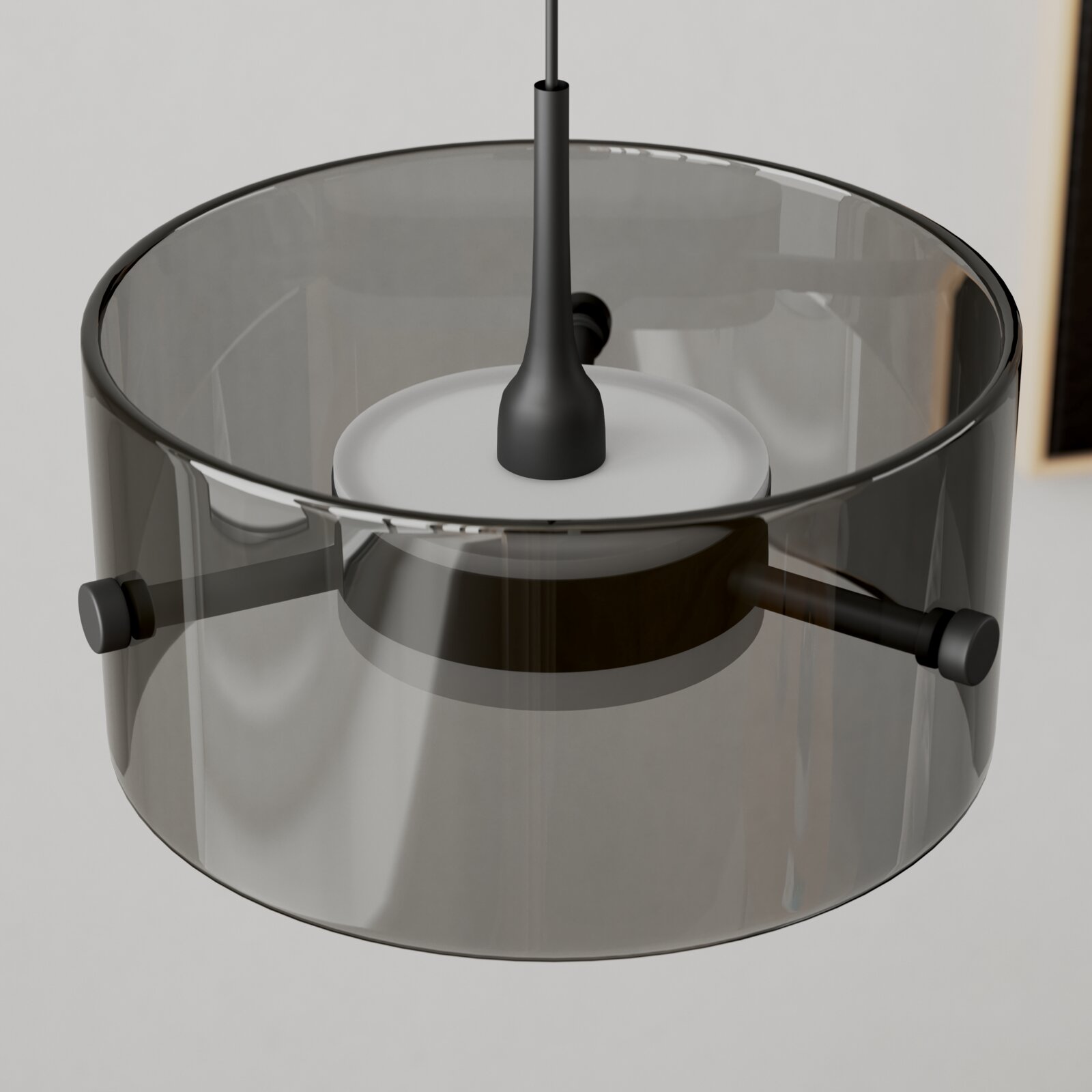 Moderne LED-Hängeleuchte mit rauchgrauem Glasschirm, seitliche Perspektive