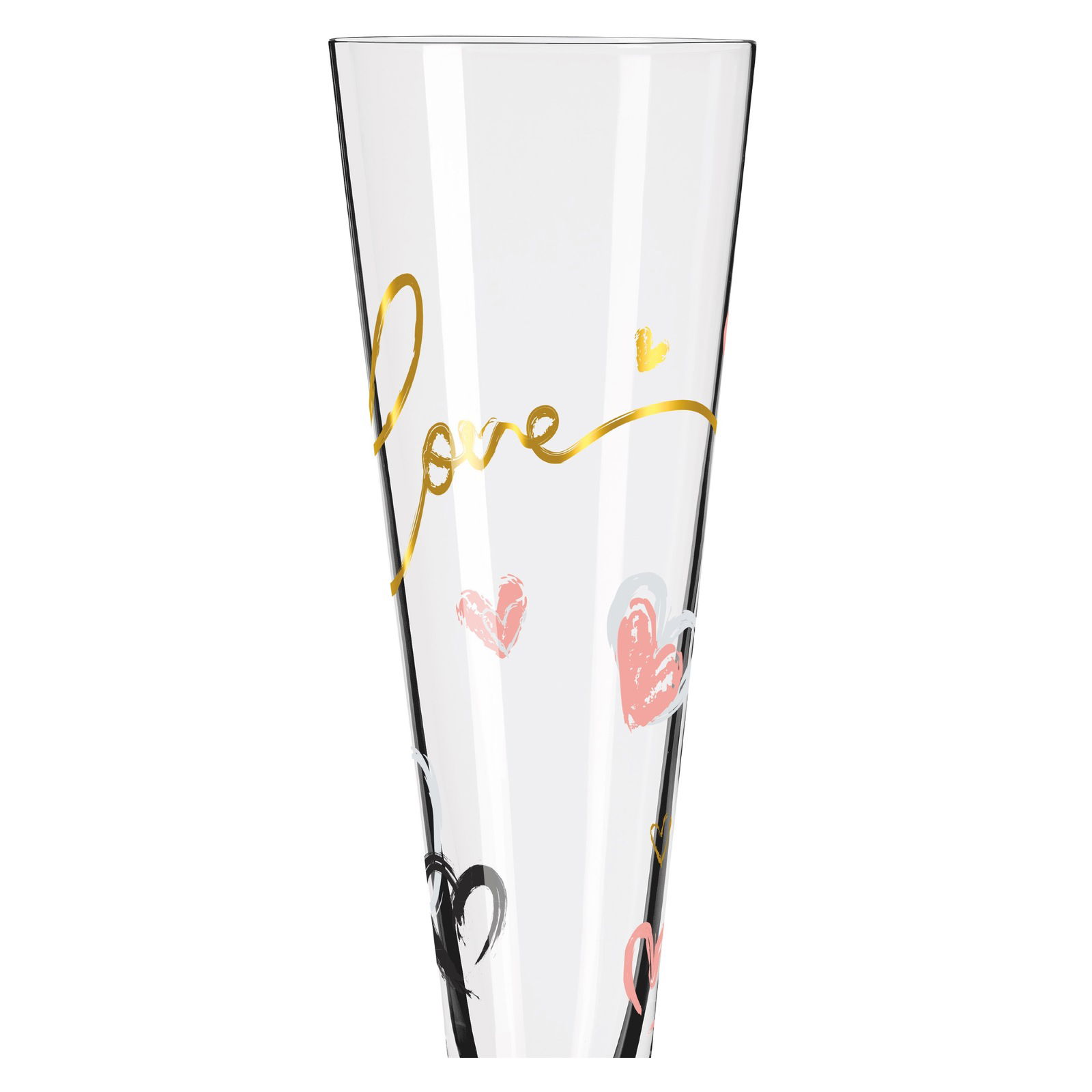 Nahaufnahme eines Champagnerglases mit goldener Schrift 'Love' und bunten Herzen.