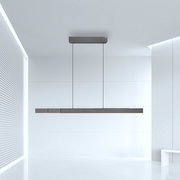 Moderne Pendelleuchte PURE-MOTO-RISE von Paul Neuhaus in einem minimalistischen Raum, seitliche Perspektive