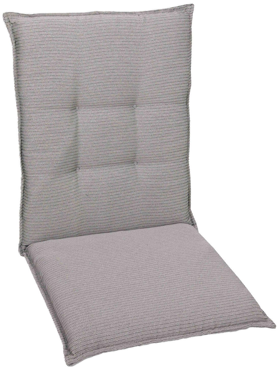 Graue Mittellehnerauflage in seitlicher Perspektive, zeigt die strukturierte Oberfläche und die gepolsterte Sitz- und Rückenfläche.