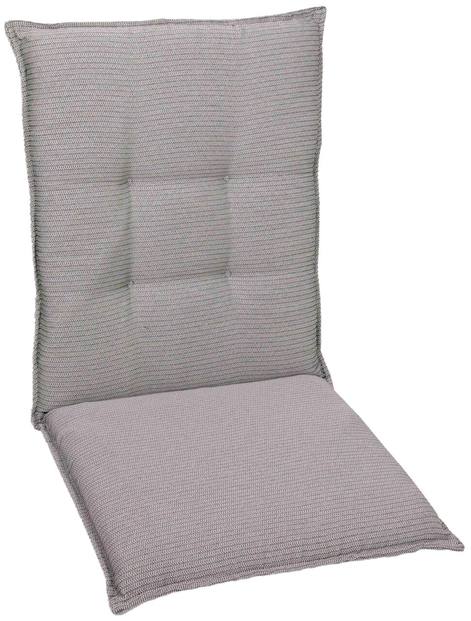 Graue Mittellehnerauflage in seitlicher Perspektive, zeigt die strukturierte Oberfläche und die gepolsterte Sitz- und Rückenfläche.