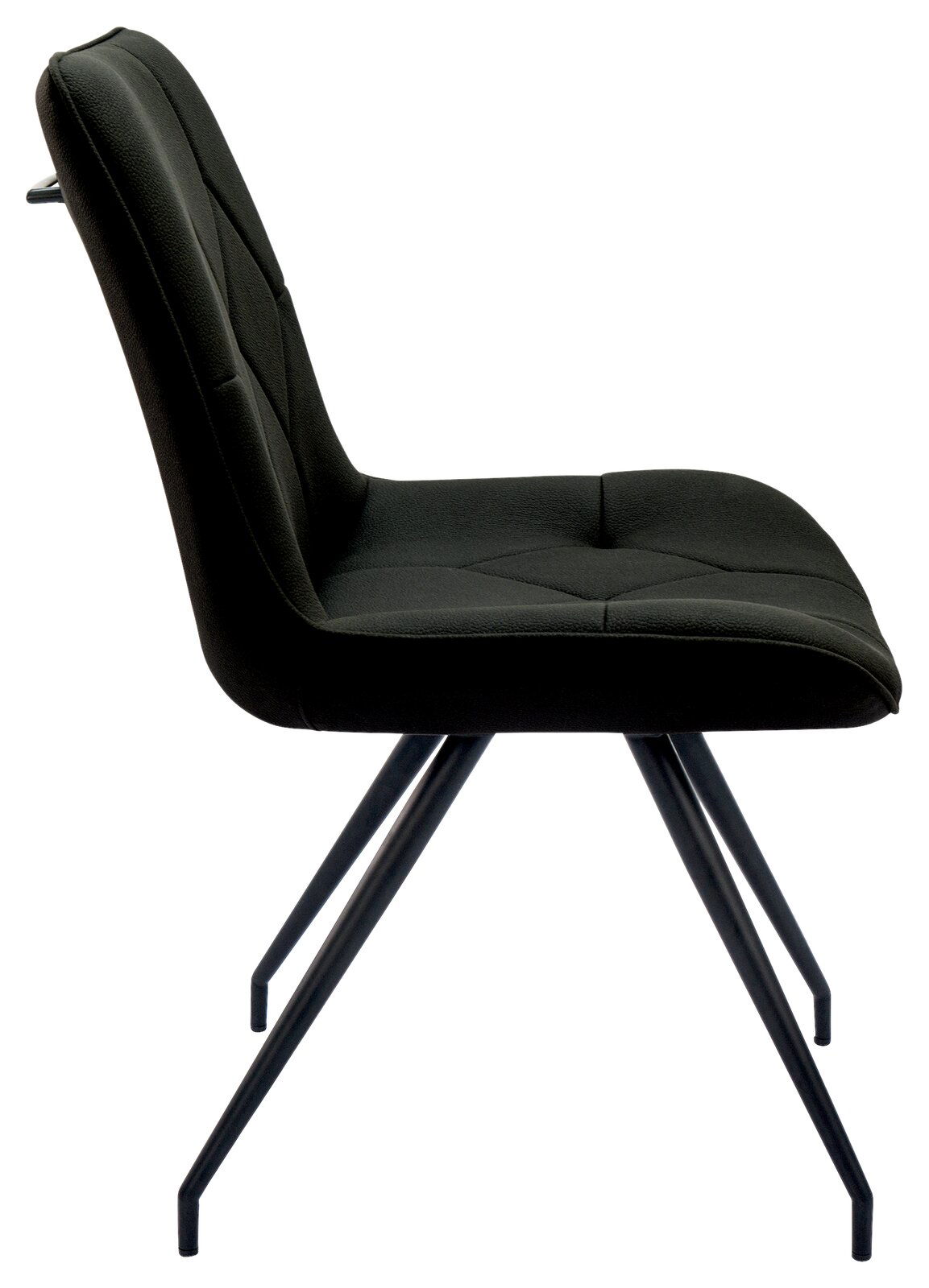 Moderner schwarzer Stuhl mit gepolsterter Sitzfläche und Rückenlehne, seitliche Perspektive