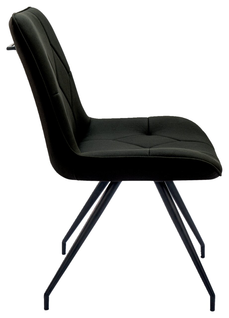 Moderner schwarzer Stuhl mit gepolsterter Sitzfläche und Rückenlehne, seitliche Perspektive