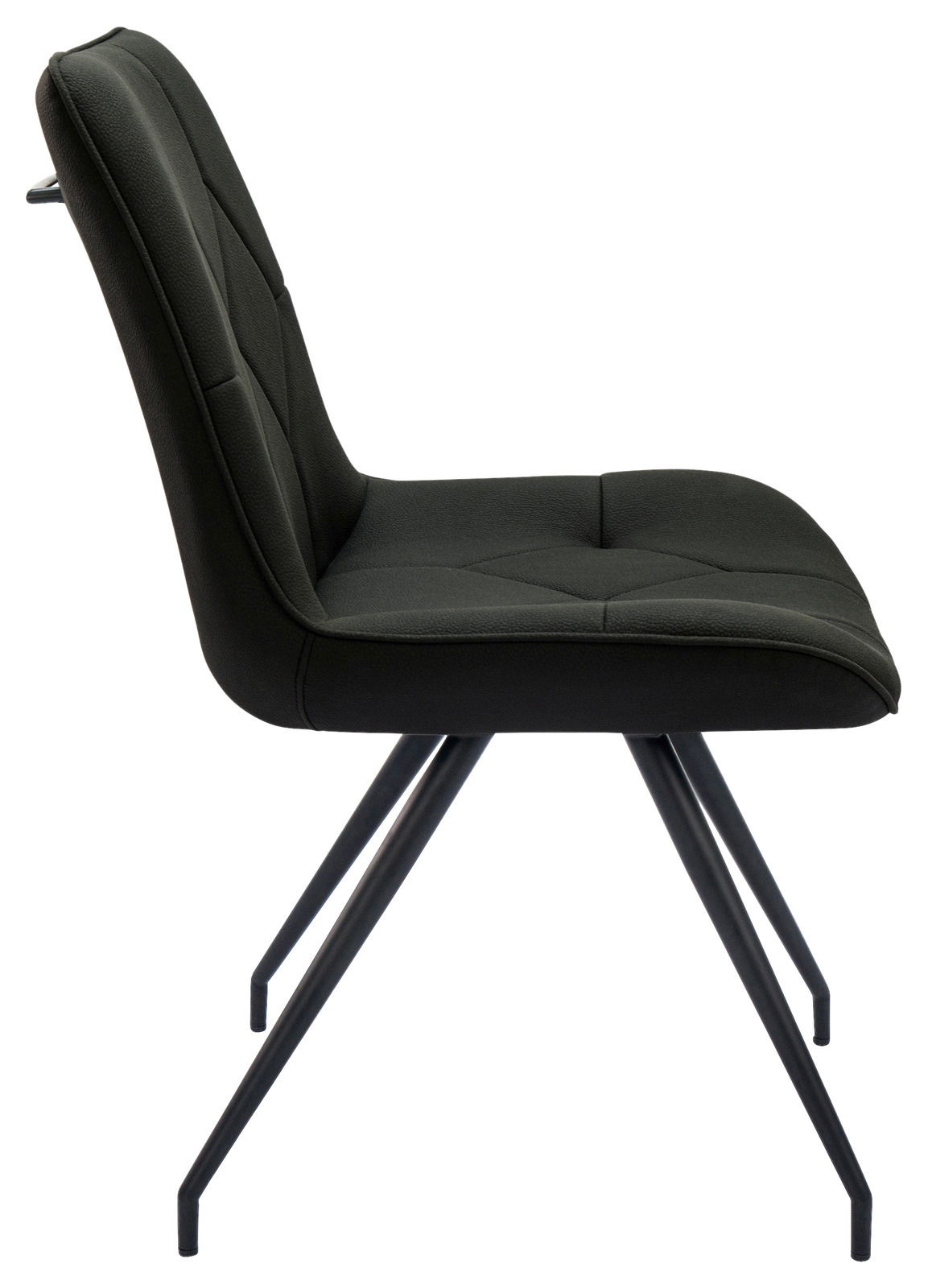 Moderner schwarzer Stuhl mit gepolsterter Sitzfläche und Rückenlehne, seitliche Perspektive
