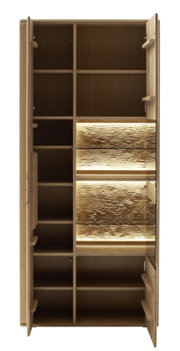 Kombi-Vitrine aus Holz mit geöffneter Frontansicht, mehreren Regalböden und beleuchteten Abschnitten.