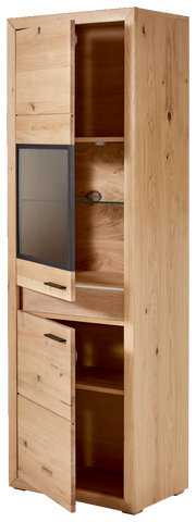 Vitrine aus Holz mit Beleuchtung, zwei geöffnete Türen, seitliche Perspektive