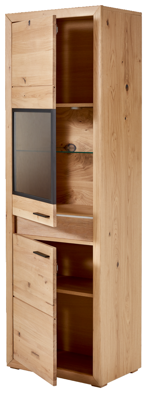 Vitrine aus Holz mit Beleuchtung, zwei geöffnete Türen, seitliche Perspektive