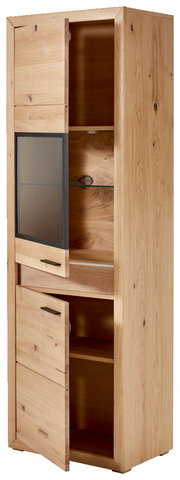 Vitrine aus Holz mit Beleuchtung, zwei geöffnete Türen, seitliche Perspektive